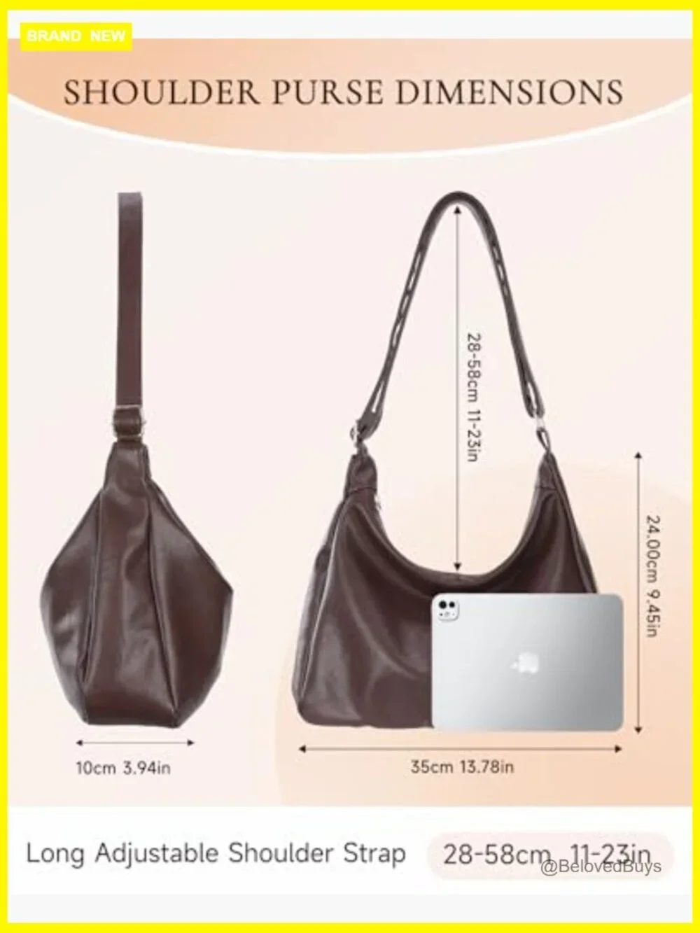 Vegan Leather Slouchy Hobo Tote Bag, Adjustable Strap, Zipper